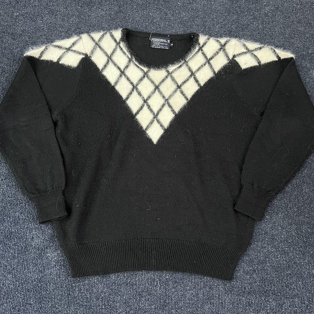 Vintage Personal II Sweater‎ Mens 2XL Black Crewneck Argyle Angora Knit Pullover